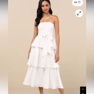 Truly Marvelous White Jacquard Strapless Tiered Midi Dress